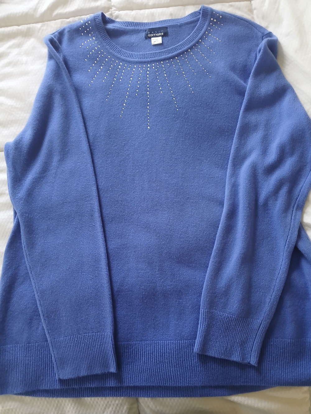 Basic Editions Periwinkle Blue Crewneck Sweater with Rhinestone Detail